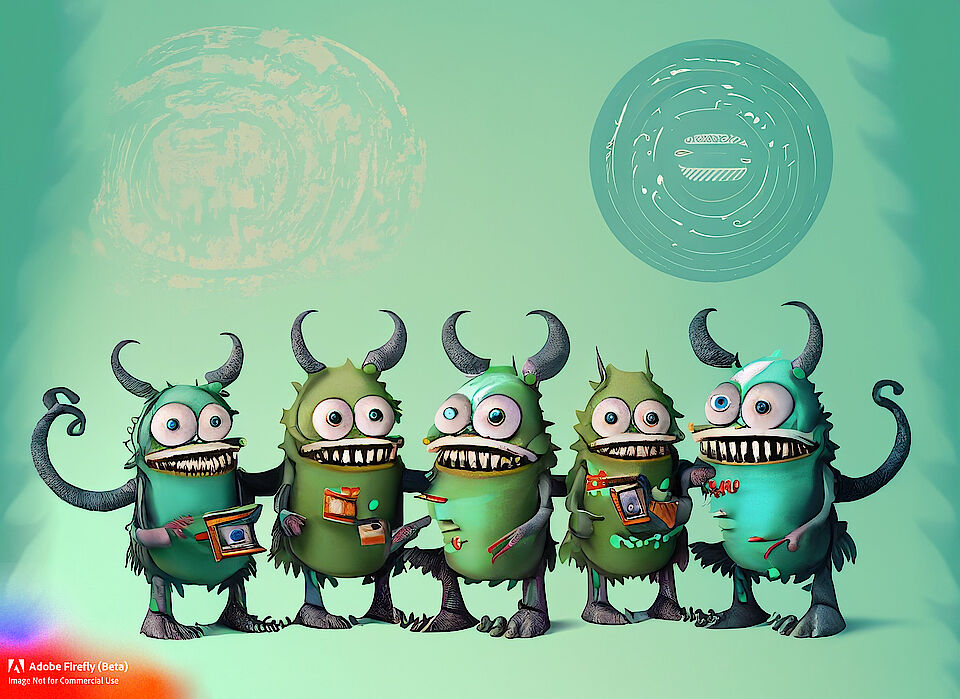 A group of cloned friendly github-monster eating little data repositories in front of a MINT background. Generated by Adobe Firevly (beta)
