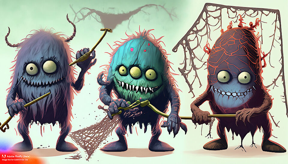 Several friendly little helper monsters scraping webs. Generated by Adobe Firefly (beta)