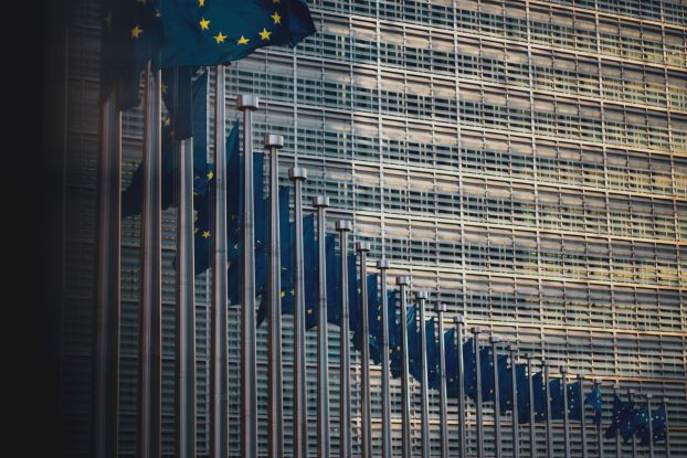 European flags in front of building facade. Photo by Christian Lue on Unsplash.